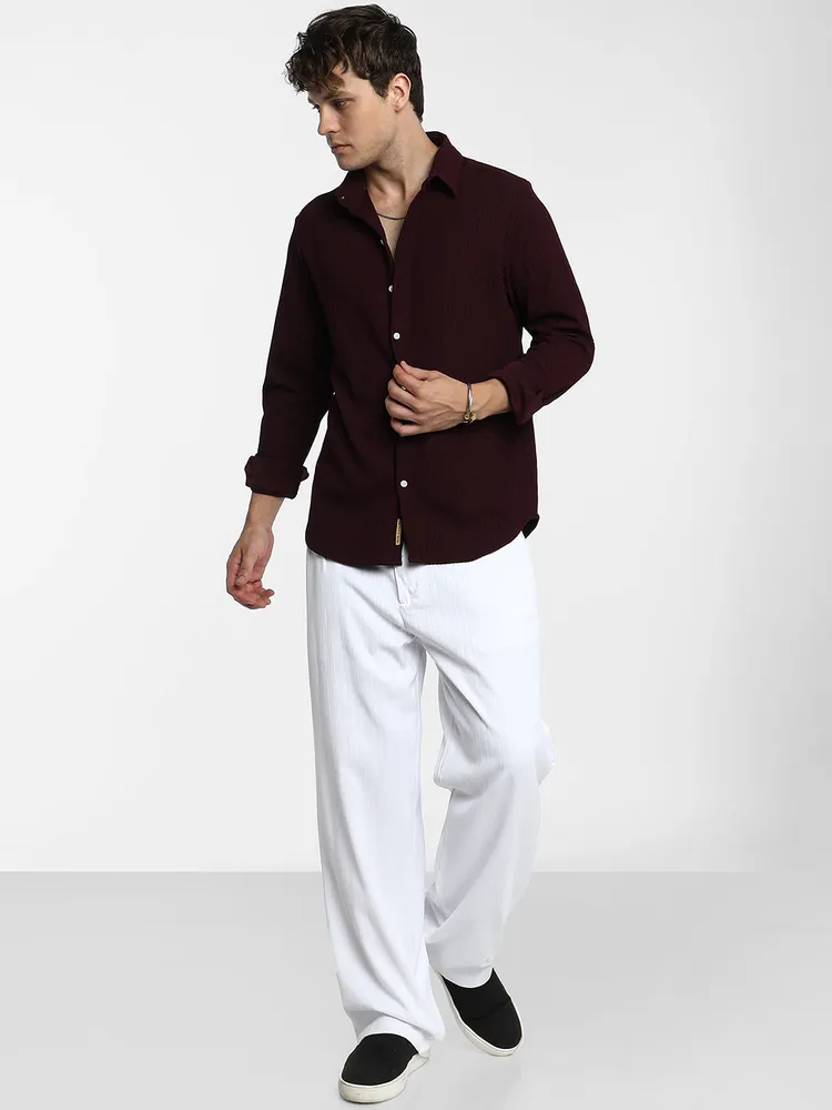 Men's Maroon Red Stripe-Creased Shirt