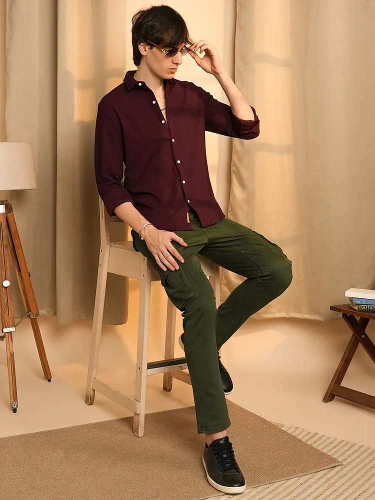 Men's Maroon Red Stripe-Creased Shirt