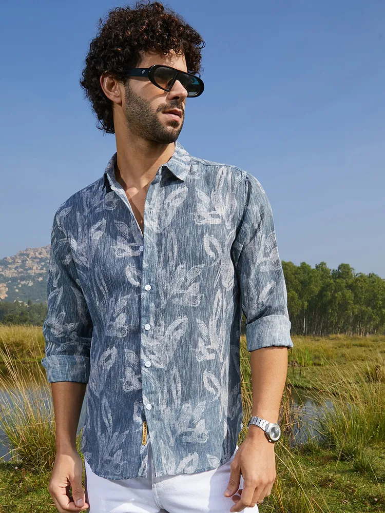 Men's Steel Blue Stroked-Petals Shirt