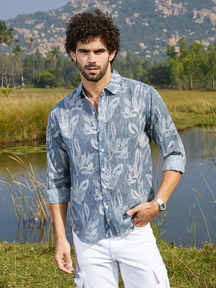 Men's Steel Blue Stroked-Petals Shirt