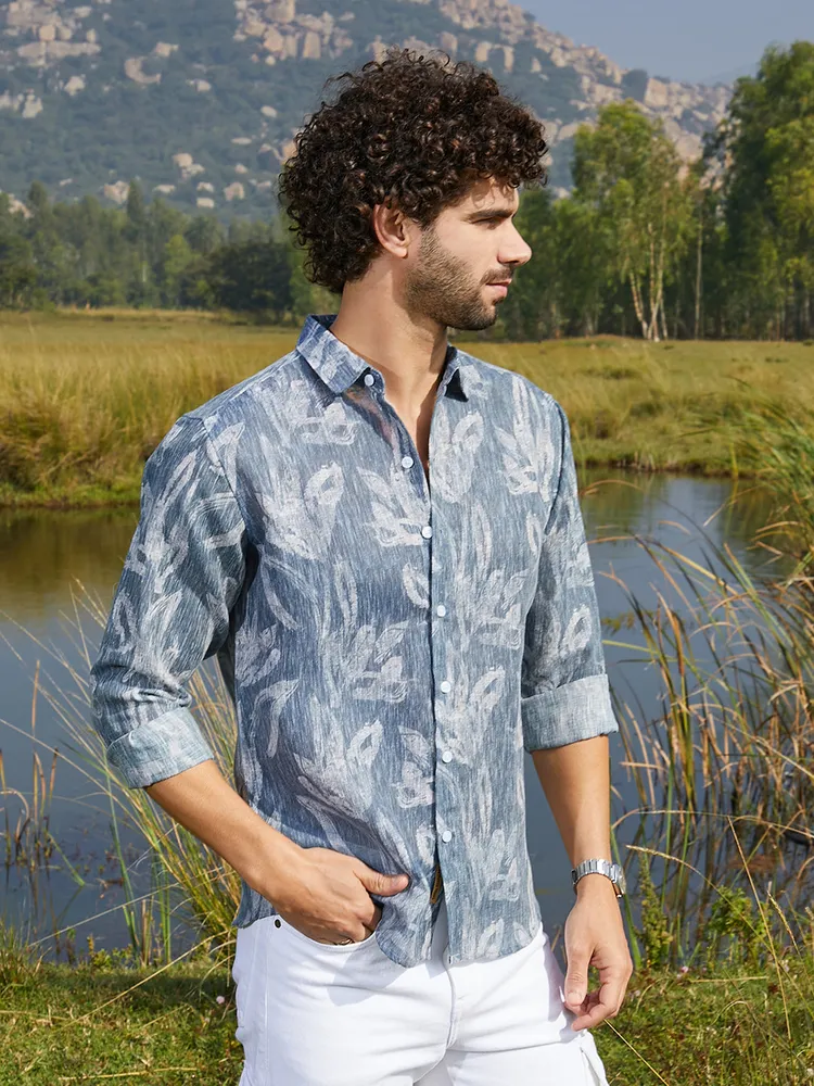 Men's Steel Blue Stroked-Petals Shirt