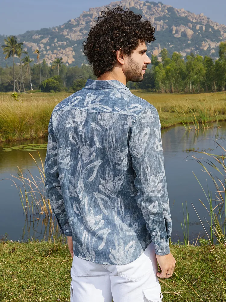 Men's Steel Blue Stroked-Petals Shirt