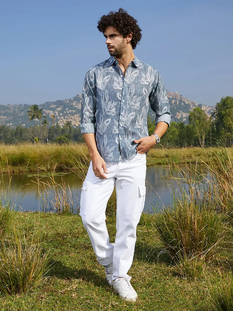 Men's Steel Blue Stroked-Petals Shirt