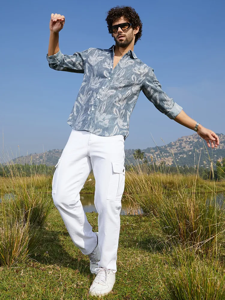 Men's Steel Blue Stroked-Petals Shirt