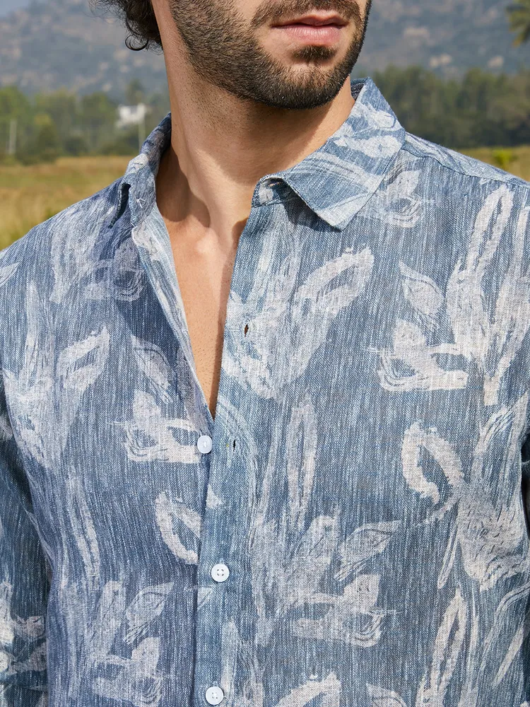 Men's Steel Blue Stroked-Petals Shirt