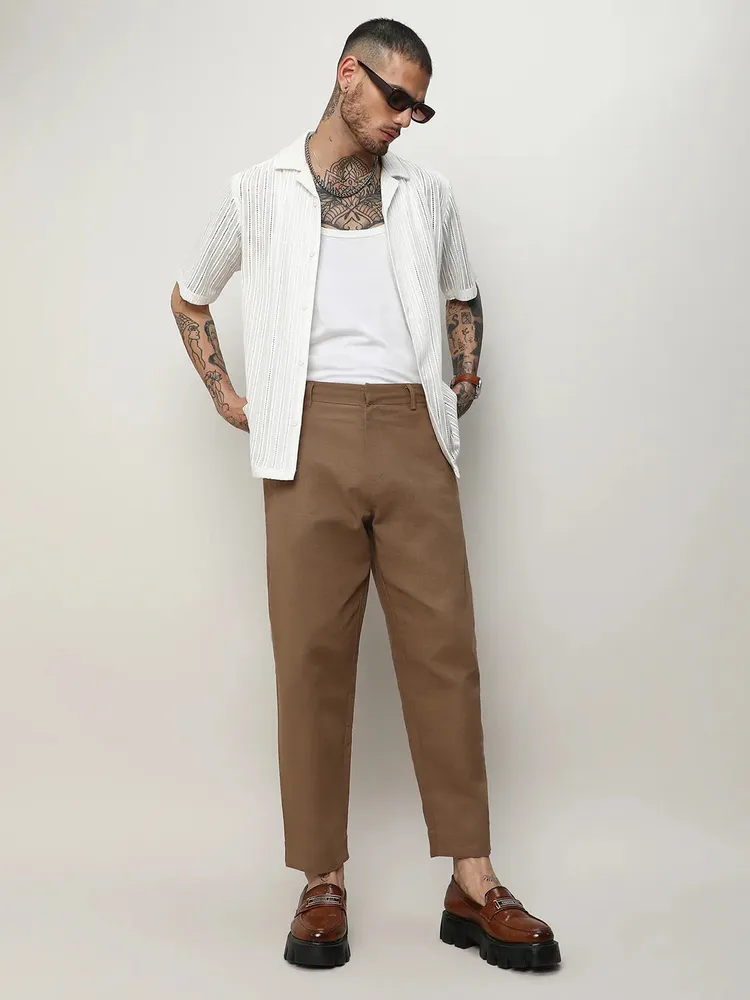 Men's Tan Brown Solid Tailored Trousers