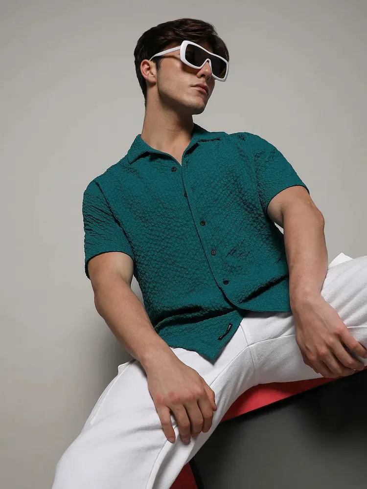 Men's Teal Green Self-Design Creased Striped Shirt