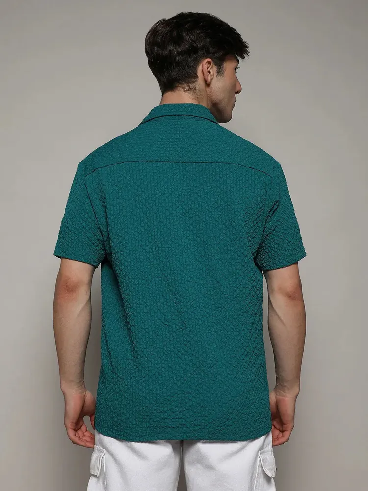 Men's Teal Green Self-Design Creased Striped Shirt