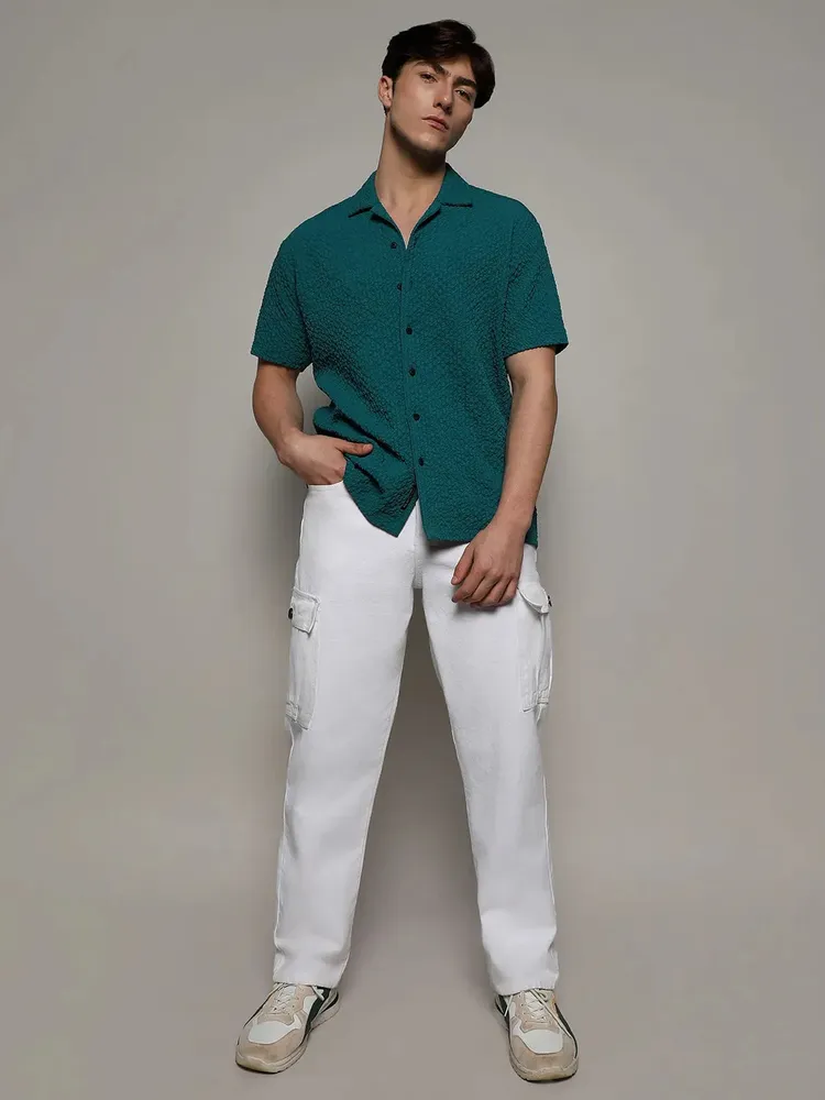 Men's Teal Green Self-Design Creased Striped Shirt