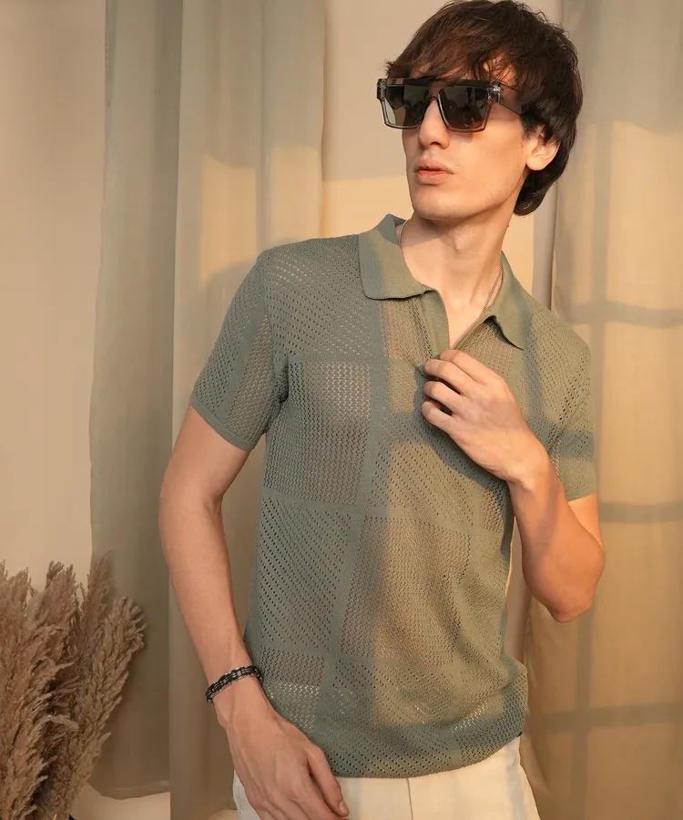 Mens-Olive-Green-Graph-Textured-Polo-T-Shirt