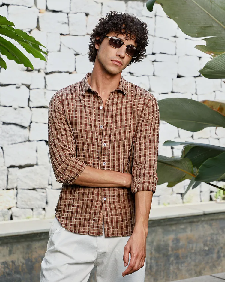 Mens-Russet-Brown-Glen-Check-Shirt