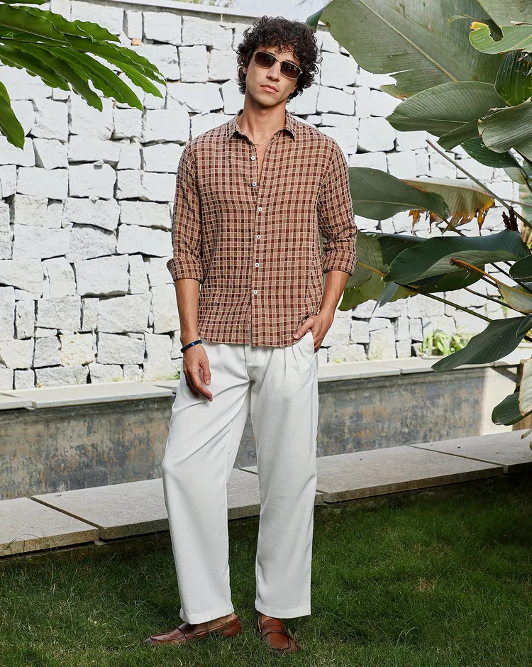 Mens-Russet-Brown-Glen-Check-Shirt