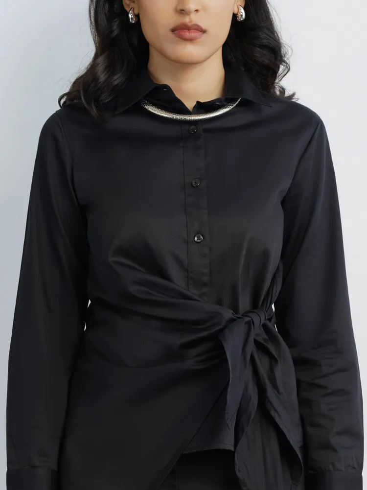 Satin Tie Up Shirt Black