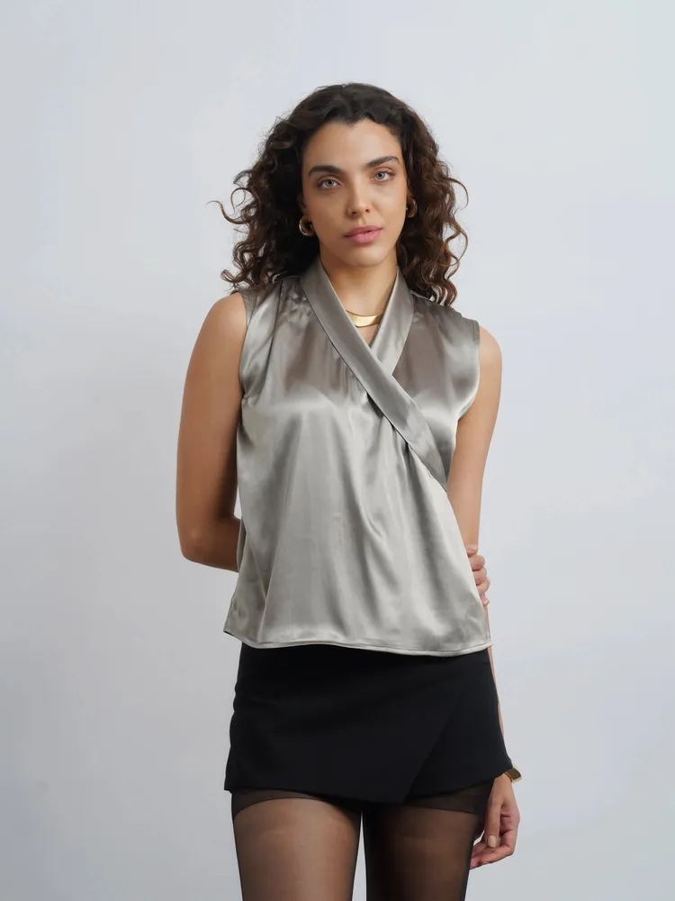 Lapel Satin Top - Olive