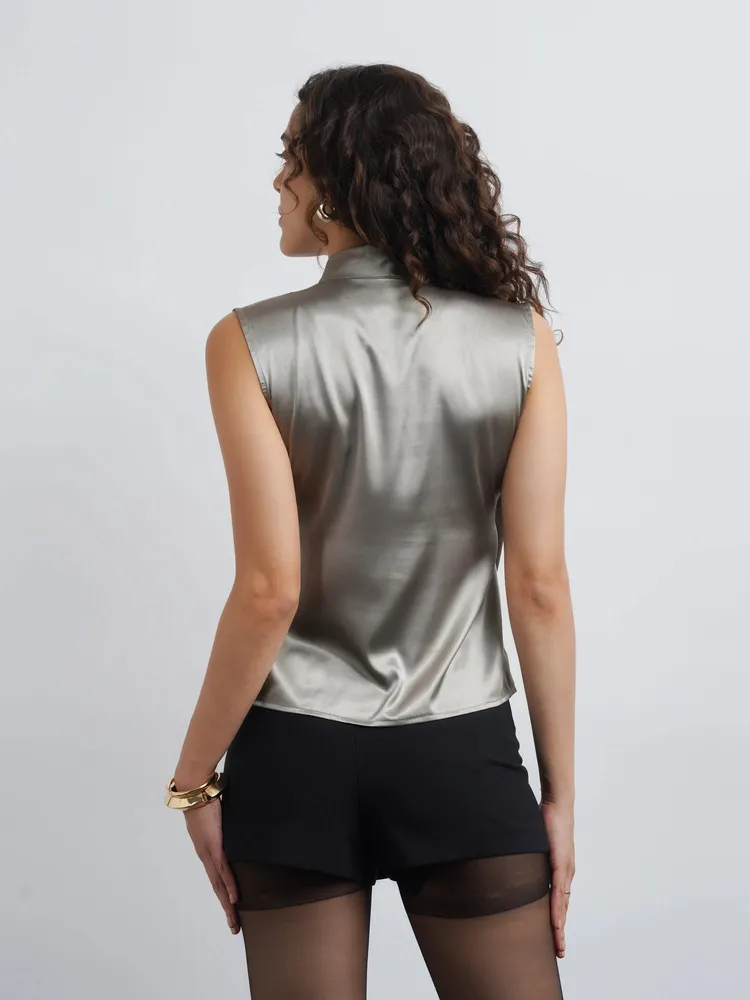 Lapel Satin Top - Olive