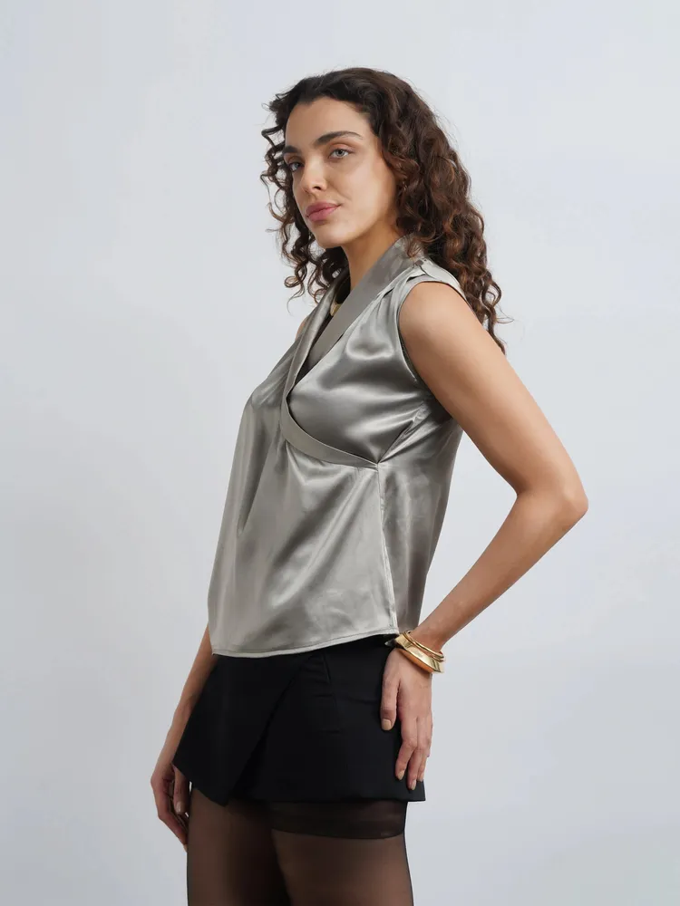 Lapel Satin Top - Olive