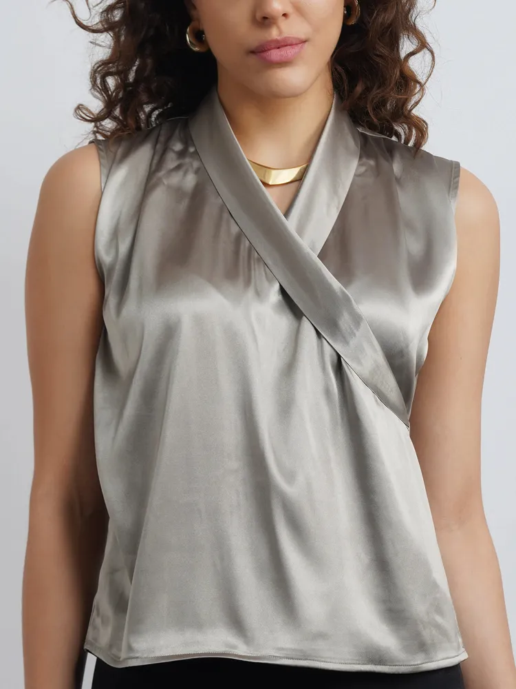 Lapel Satin Top - Olive