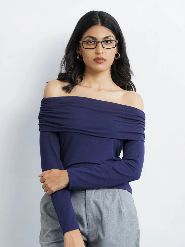 Off-Shoulder Knit Top - Navy
