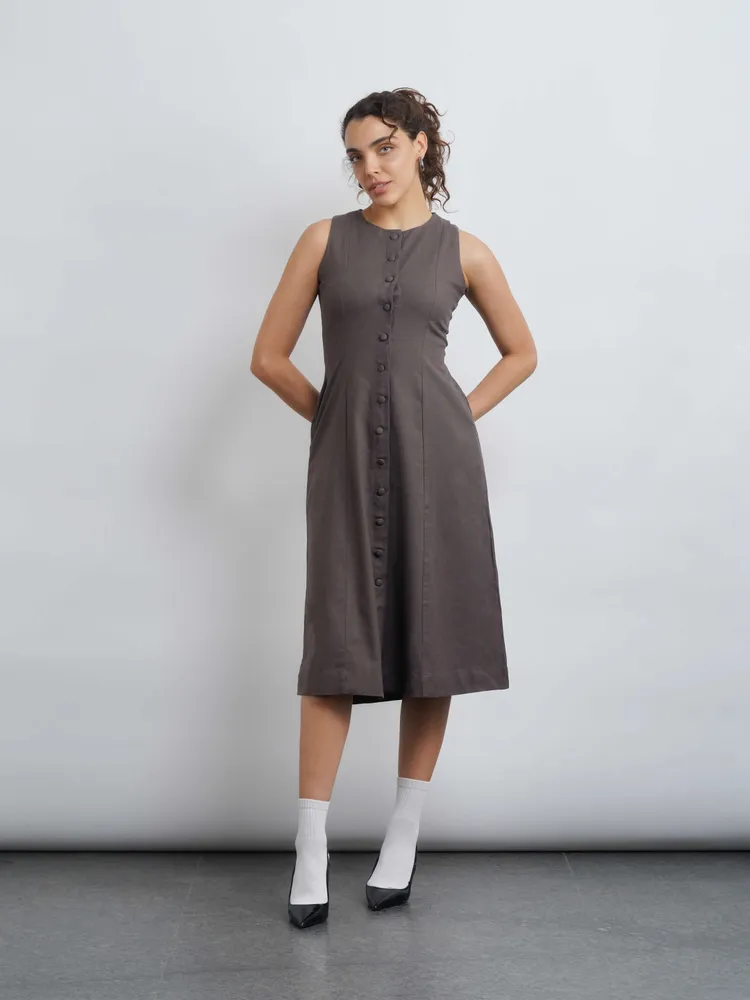 Nina Linen Midi Dress - Grey