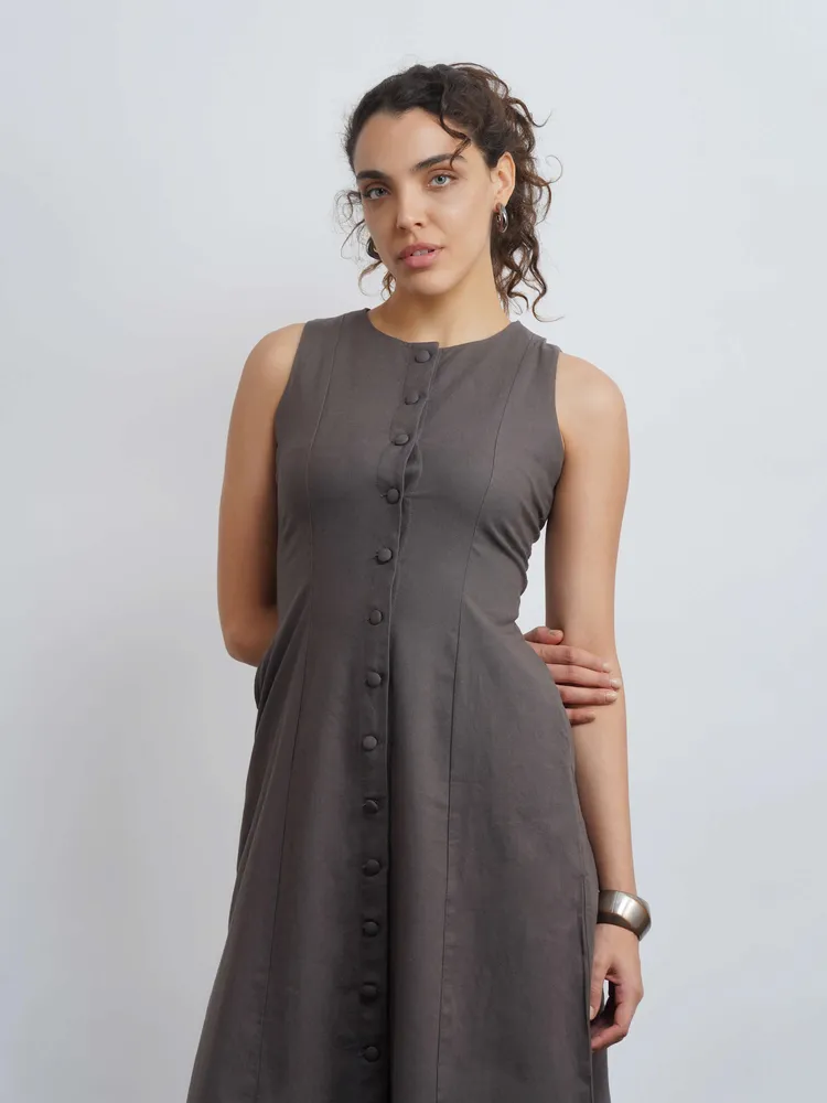 Nina Linen Midi Dress - Grey