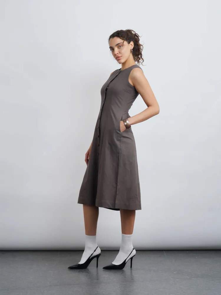Nina Linen Midi Dress - Grey
