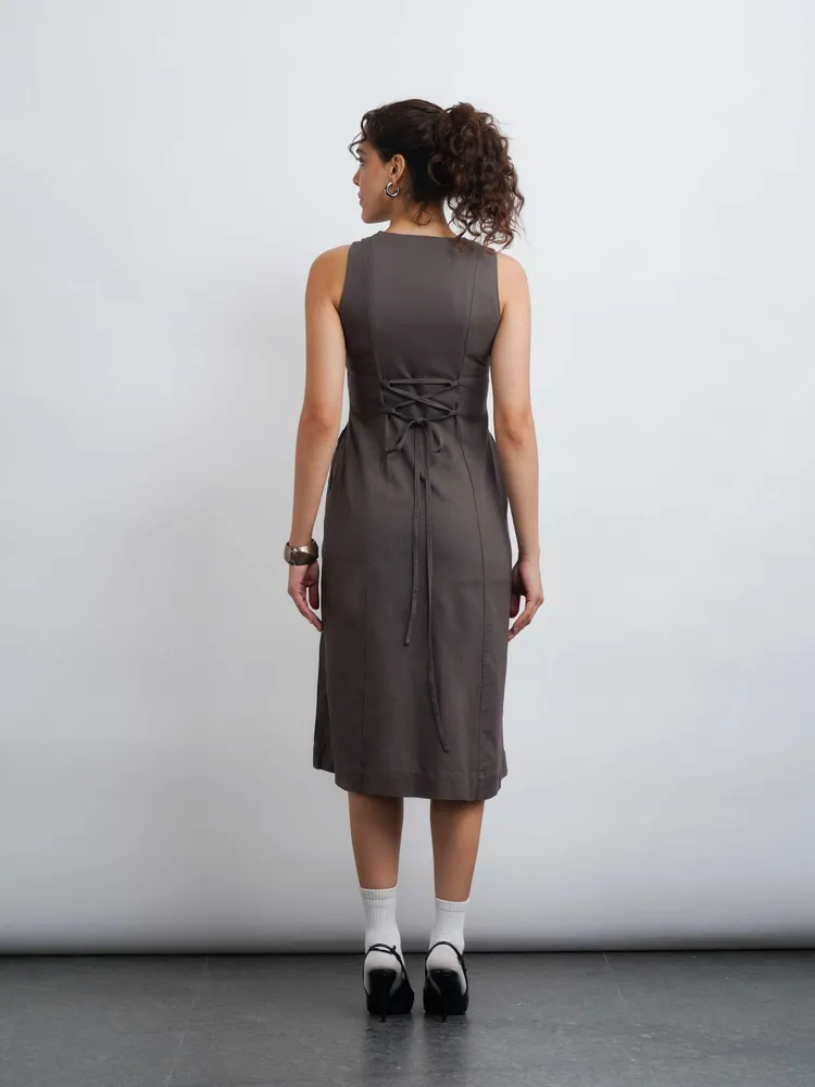 Nina Linen Midi Dress - Grey