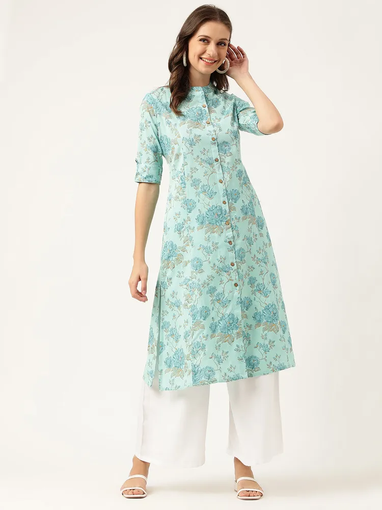Divena Sea Green Floral Printed Cotton A-Line Kurta