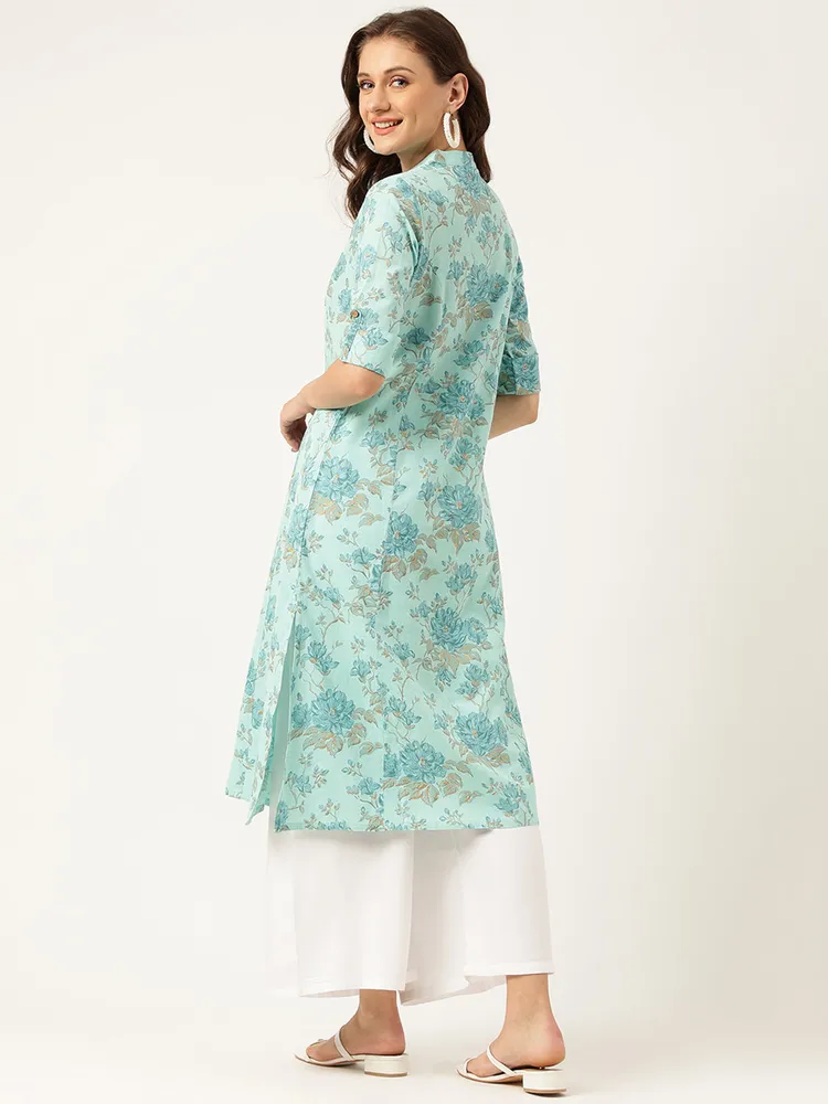 Divena Sea Green Floral Printed Cotton A-Line Kurta