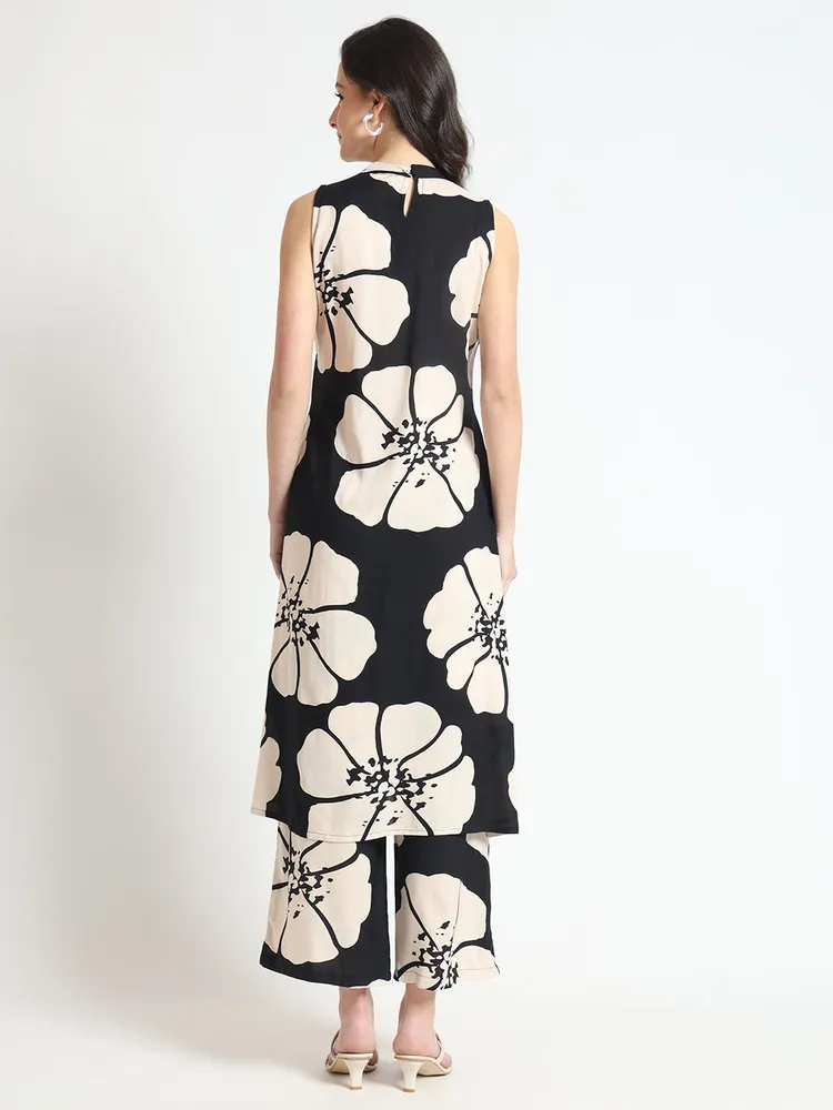 Divena Black Floral Print Rayon Sleeveless Kurta with Pant