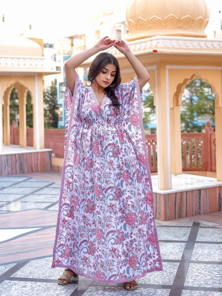 Divena White And Pink Floral Print Kaftan