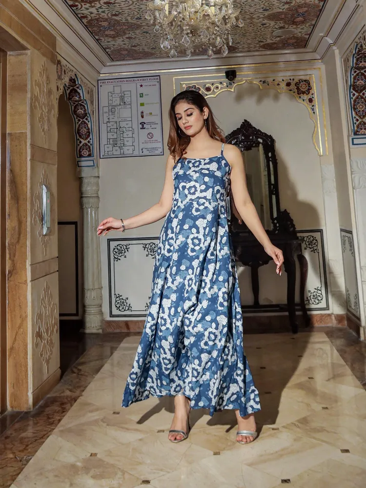 Divena Indigo Print Cotton Long Dress