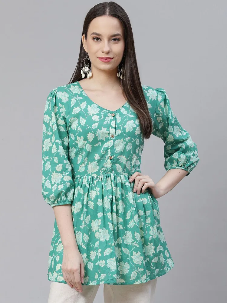 Divena Sea green Floral Printed Peplum Cotton top