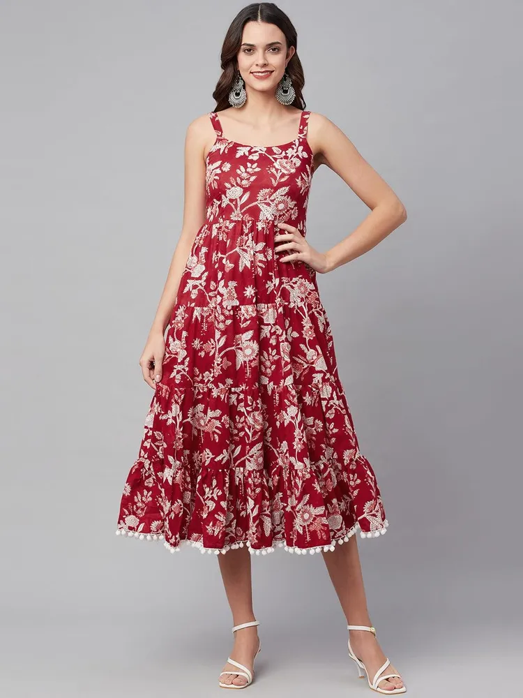 Divena Red Floral Printed Shoulder Strap Long dress