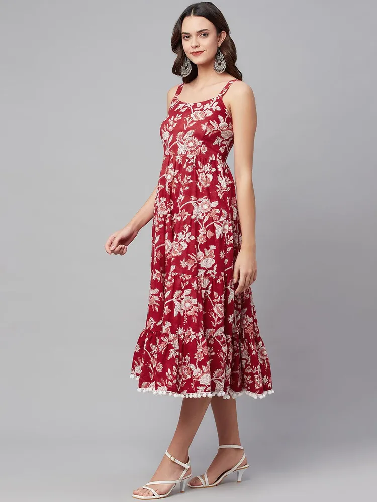 Divena Red Floral Printed Shoulder Strap Long dress