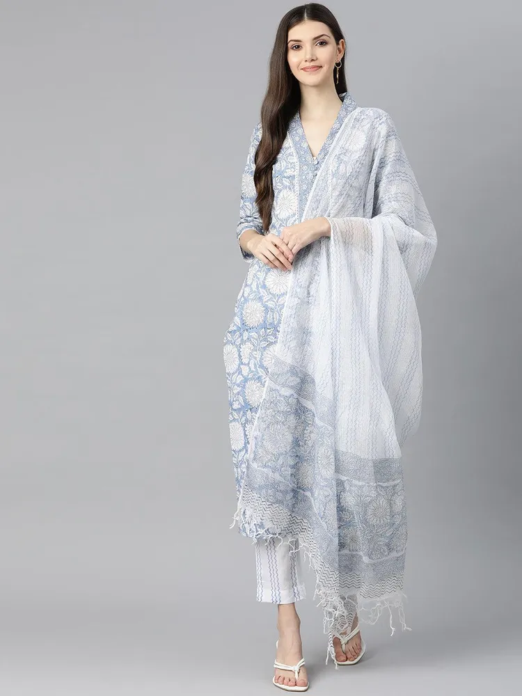 Divena Sky blue Hand Block Printed Straight kurta Pant Set with Dupatta