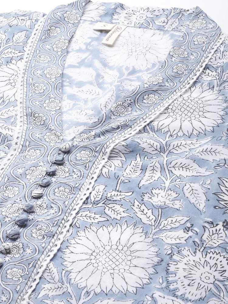 Divena Sky blue Hand Block Printed Straight kurta Pant Set with Dupatta