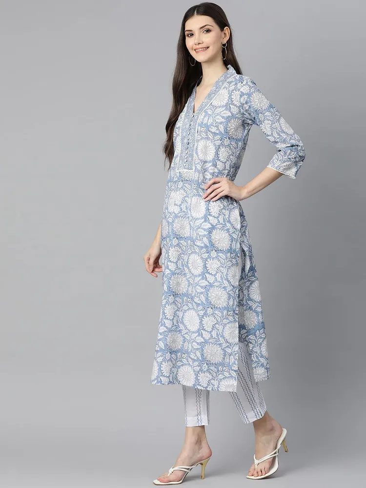 Divena Sky blue Hand Block Printed Straight kurta Pant Set with Dupatta
