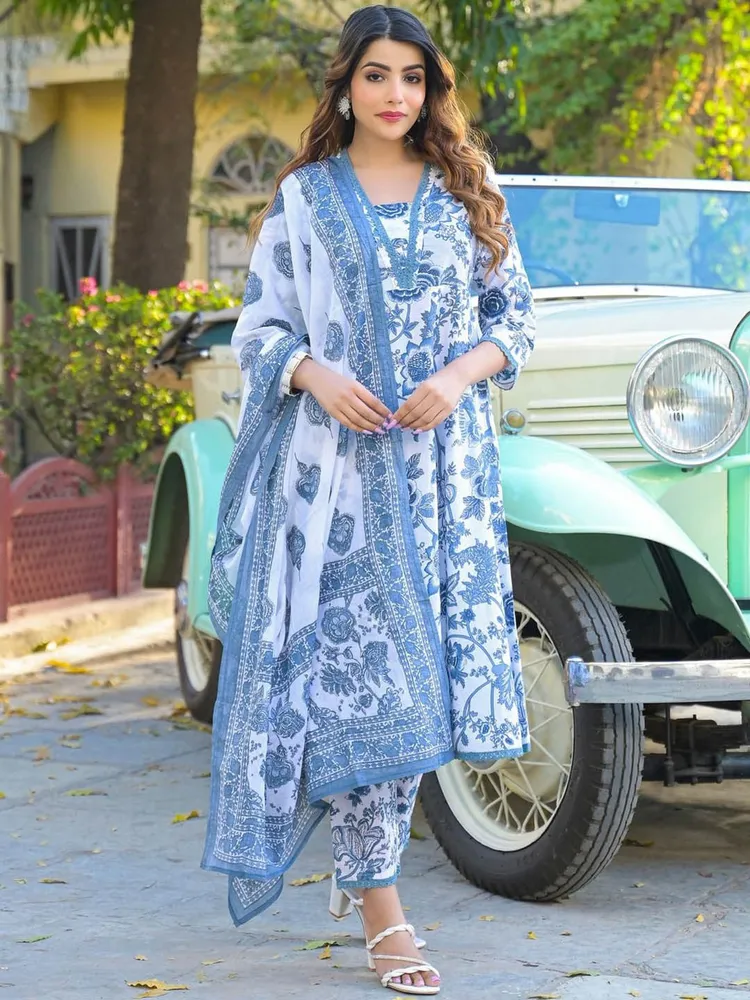 Divena Floral Printed Anarkali Pure Cotton Kurta with Trousers & Dupatta