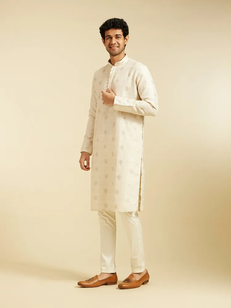 Diwas By Manyavar Cream White Diamond Patterned Kurta with Potli Buttons for Men