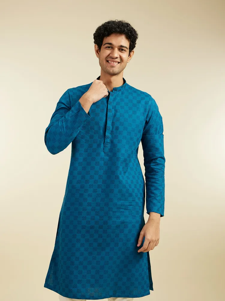 Diwas By Manyavar Teal Blue Grid Patterned Kurta with Embroidered Placket for Men