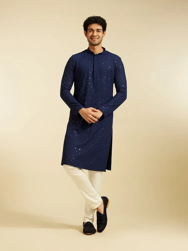 Diwas By Manyavar Navy Blue Chikankari Kurta With Sequins for Men