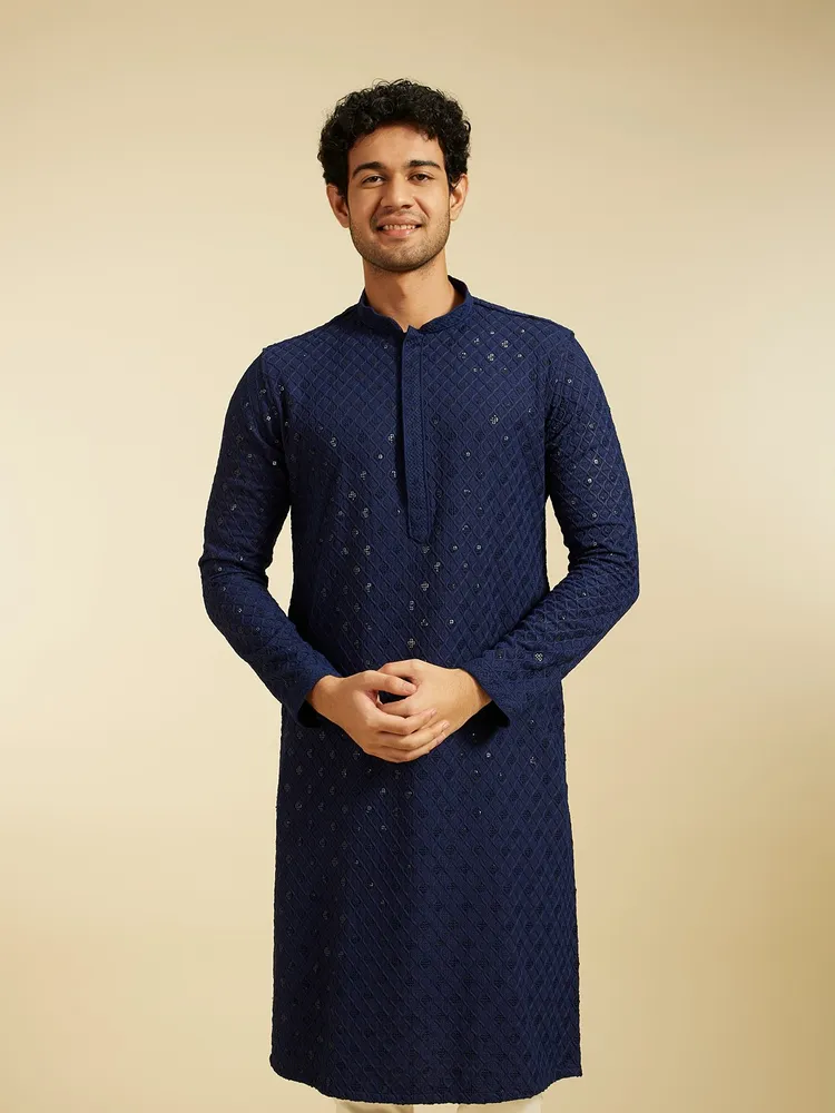Diwas By Manyavar Navy Blue Chikankari Kurta With Sequins for Men
