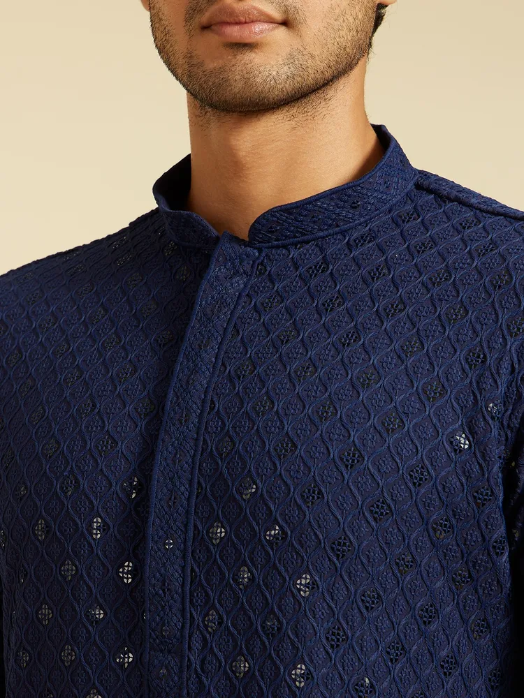 Diwas By Manyavar Navy Blue Chikankari Kurta With Sequins for Men