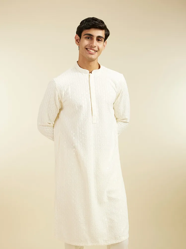 Diwas By Manyavar Ivory Cream Chikankari Sequinned Kurta for Men