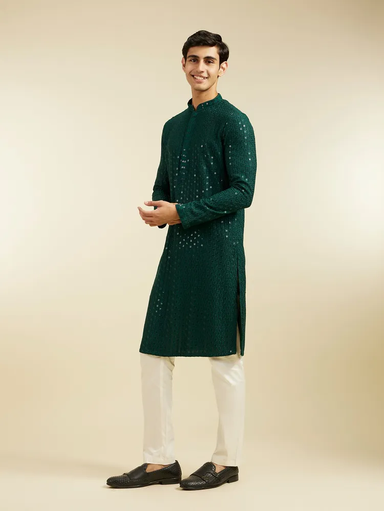 Diwas By Manyavar Bottle Green Chikankari Sequinned Kurta for Men