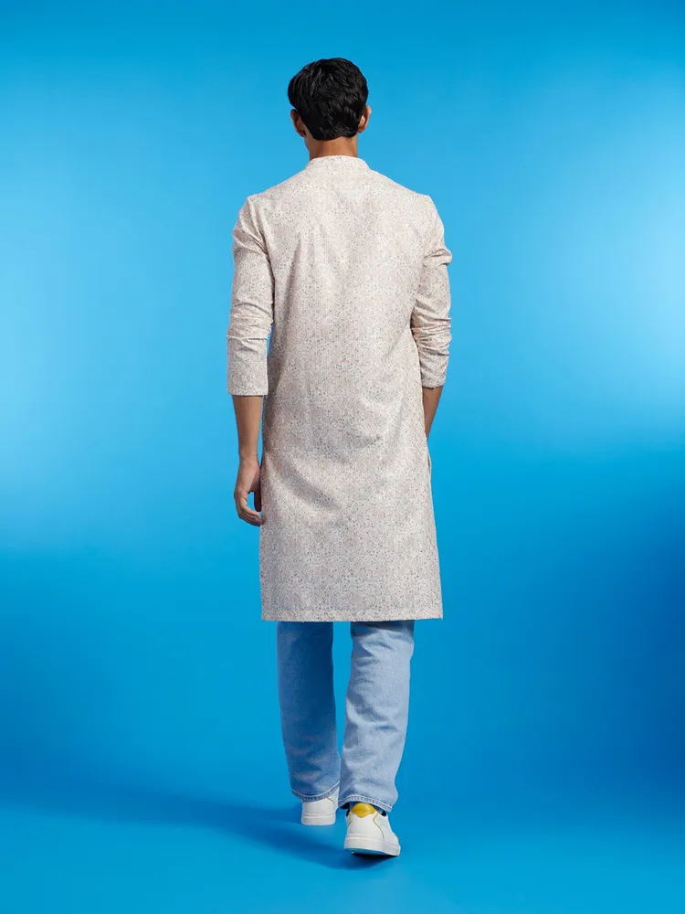 Diwas By Manyavar Cream Beige Paisley Patterned Kurta with Rhinestones for Men