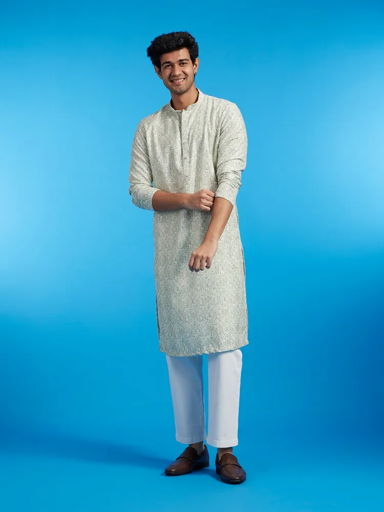 Diwas By Manyavar Soft Green Paisley Patterned Kurta with Rhinestones for Men