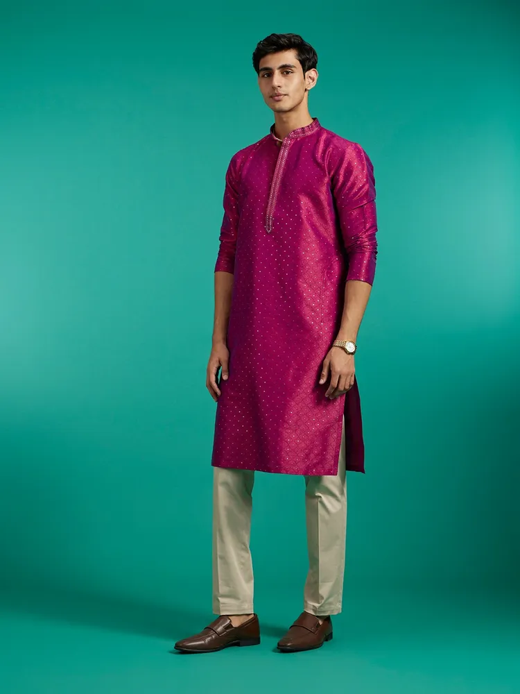 Diwas By Manyavar Rani Pink Grid Patterned Kurta with Sequin Work for Men