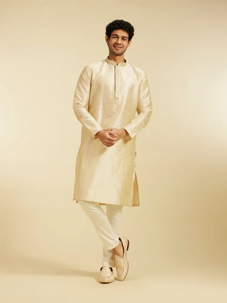 Diwas By Manyavar Pista Green Self Textured Kurta with Embroidered Placket for Men