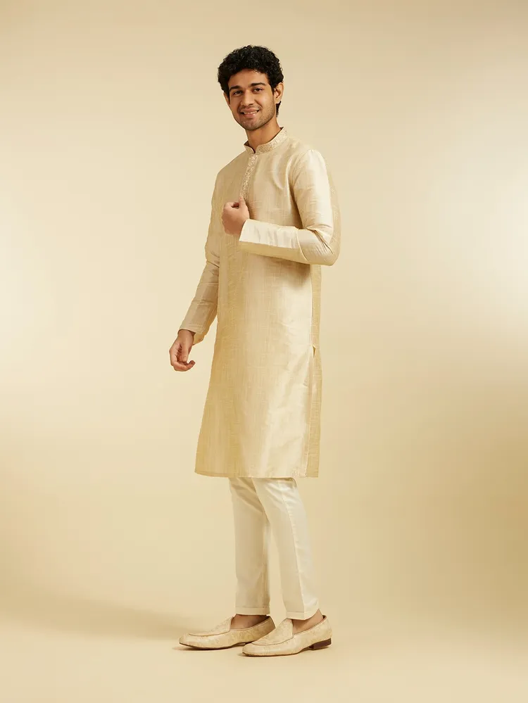 Diwas By Manyavar Pista Green Self Textured Kurta with Embroidered Placket for Men